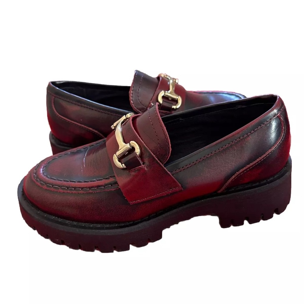 💥Steve Madden Lando Burgundy Leather Bit Buckle Lug Sole Platform Loafers S 5.5